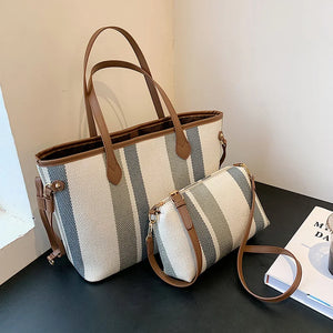 2 Pcs High Capacity Canvas Shoulder Bag For Women Striped Handbags