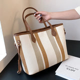 2 Pcs High Capacity Canvas Shoulder Bag For Women Striped Handbags