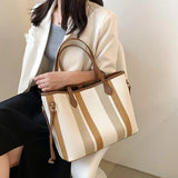 2 Pcs High Capacity Canvas Shoulder Bag For Women Striped Handbags