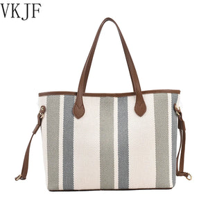 2 Pcs High Capacity Canvas Shoulder Bag For Women Striped Handbags