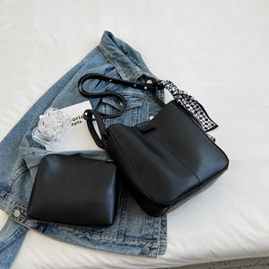 2 Pcs/Set Ribbon Women Tote Bucket Bags Soft Leather Female Handbags