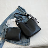 2 Pcs/Set Ribbon Women Tote Bucket Bags Soft Leather Female Handbags
