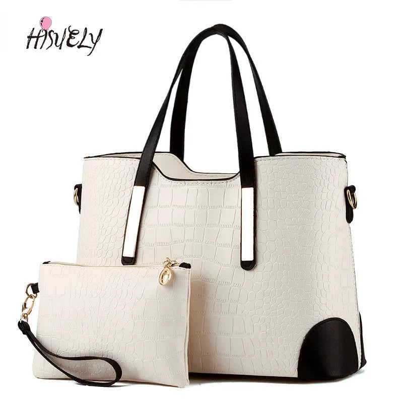 2 Pcs Women Leather Handbag Crocodile Pattern Shoulder Bags