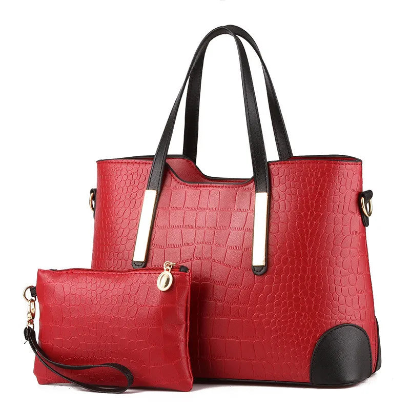 2 Pcs Women Leather Handbag Crocodile Pattern Shoulder Bags