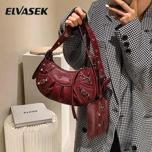 2 Pcs/set Rivets Half Moon Crossbody Bag Punk Style Shoulder Bag