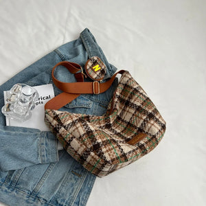 Plaid Woolen Knitted Hobo Shoulder Bag