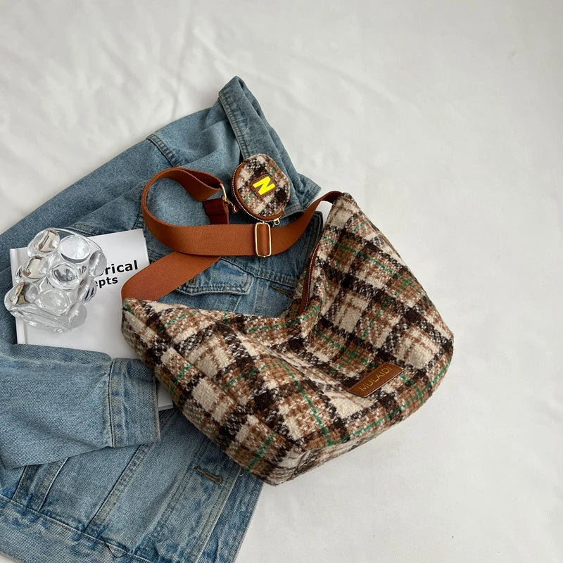 Plaid Woolen Knitted Hobo Shoulder Bag