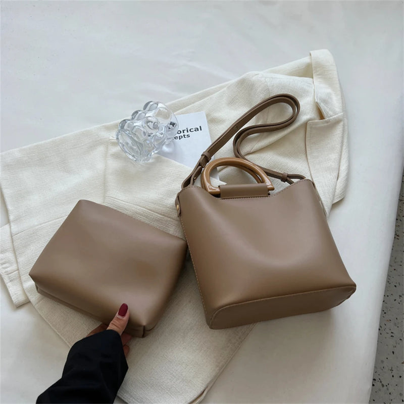 Women's Small PU Leather Bucket Bag Short Handle Shoulder Crossbody Bags