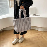 Ribbed The Tote Bags Winter Woolen Faux Fur Teddy Curl Plush Shoulder Bag