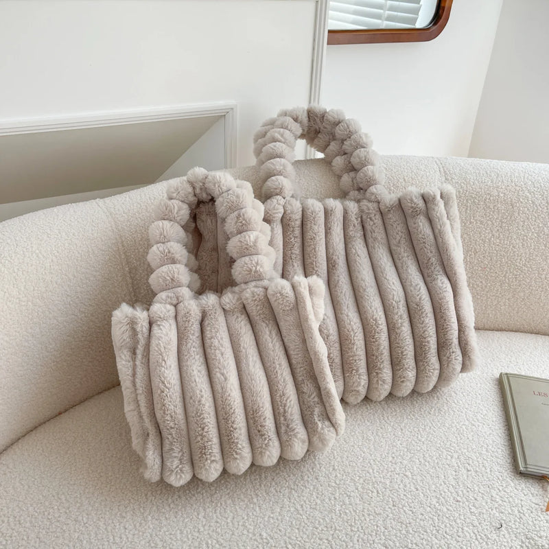 Ribbed The Tote Bags Winter Woolen Faux Fur Teddy Curl Plush Shoulder Bag