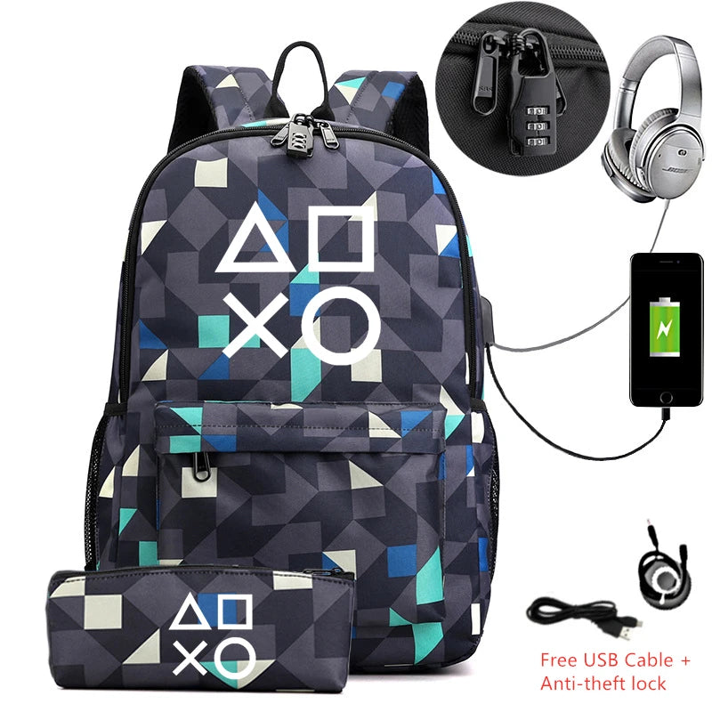 Canvas Backpack with Pencil Case School Bag For Teenagers Laptop USB Charging
