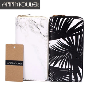 Women's Leaves Marble Printed Wallet Leather Long Purse Zipper Clutch