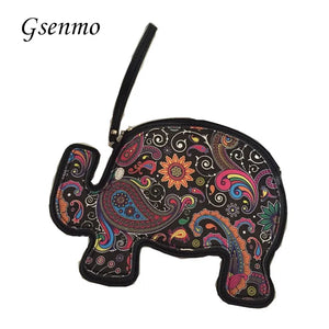 Elephant Women Leather Handbag Clutch Vintage Phone Case Wristlets Womens Bag