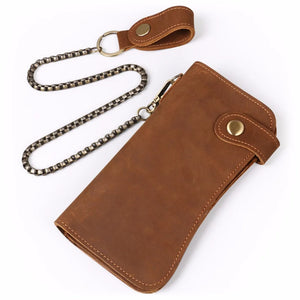 High Retro Metal Chain Wallet Cow Crazy Horse Leather Men Long Purse