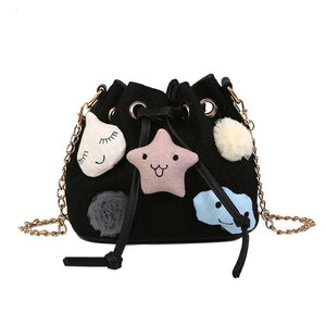 Canvas Drawstring Bucket Bag with Metal Chain for Women