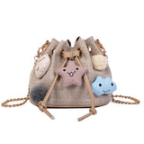 Canvas Drawstring Bucket Bag with Metal Chain for Women