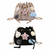 Canvas Drawstring Bucket Bag with Metal Chain for Women
