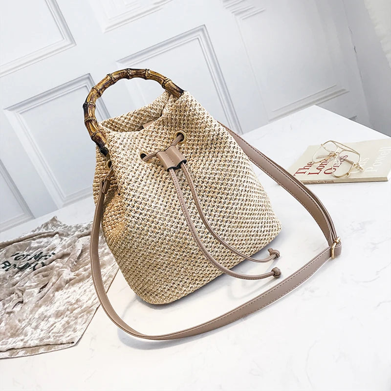 Women's Straw Bucket Bag Woven Shoulder Beach Handbag