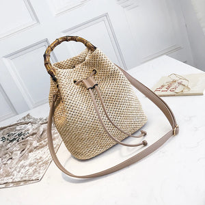 Women's Straw Bucket Bag Woven Shoulder Beach Handbag