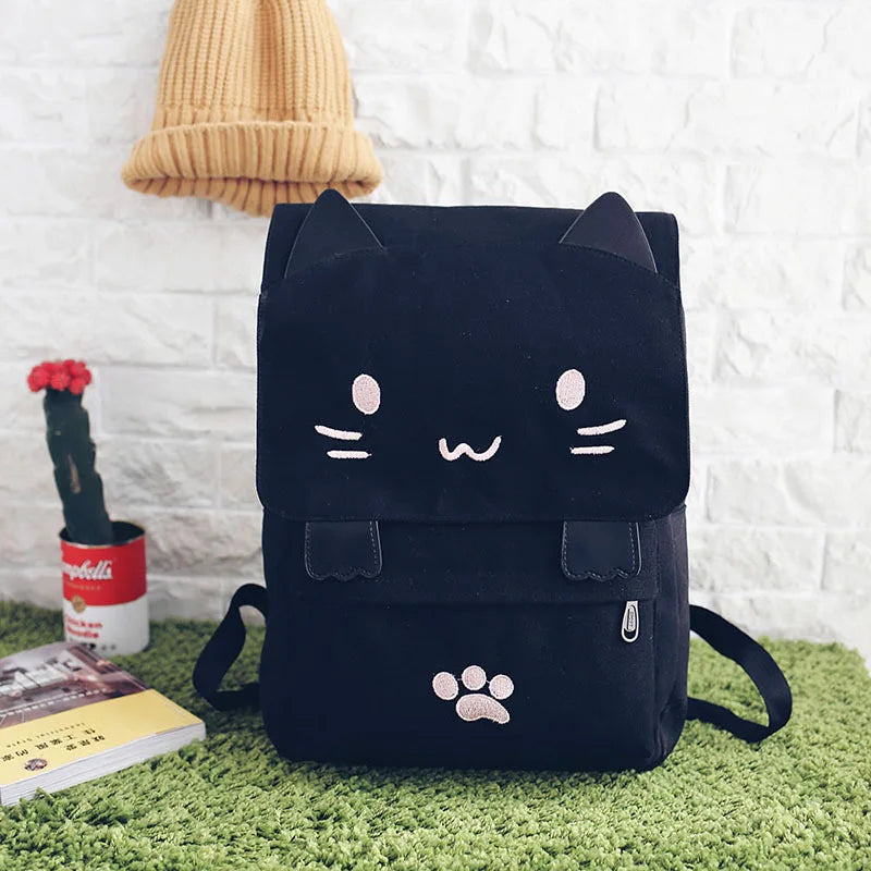 Cat Canvas Backpack Embroidery School Bag Casual Rucksack