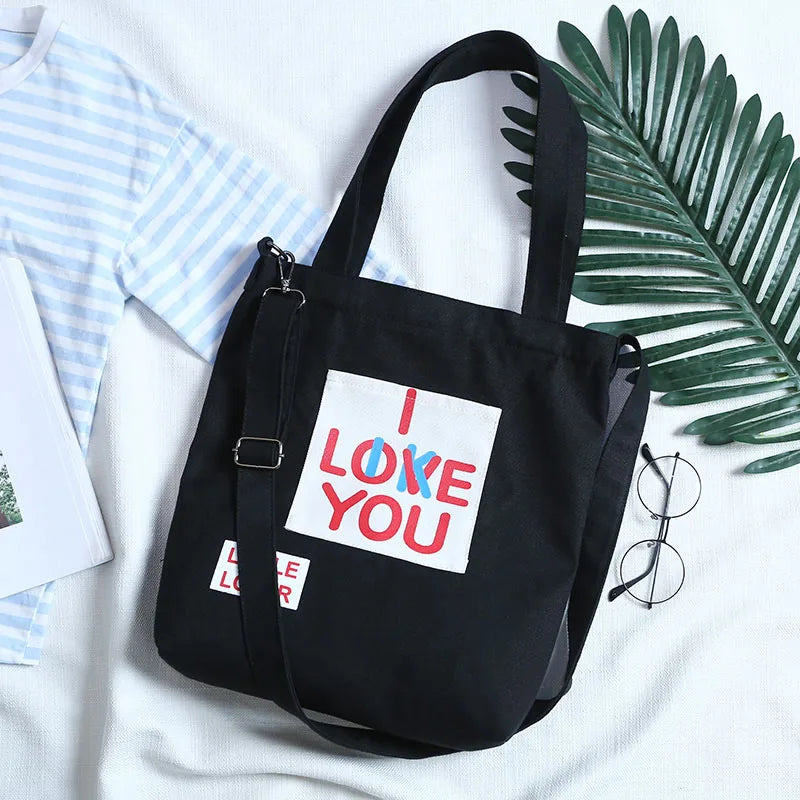 Canvas Letters Printed Crossbody Bag for Women Reusable Lady's Shopping Bags