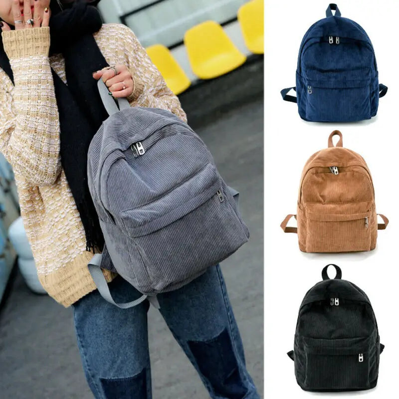 Velvet Corduroy Backpack Preppy Style School Travel Rucksack