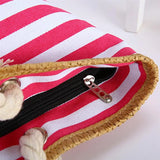 Canvas Striped Beach Tote Bag Large Capacity Shoulder Handbag