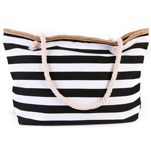 Canvas Striped Beach Tote Bag Large Capacity Shoulder Handbag