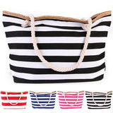 Canvas Striped Beach Tote Bag Large Capacity Shoulder Handbag
