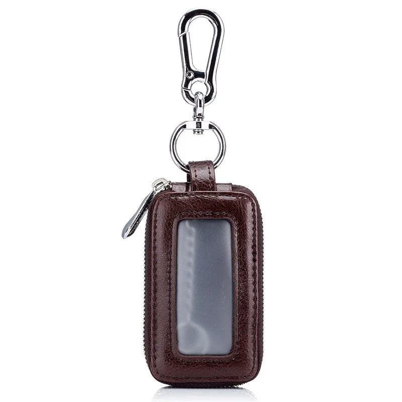 Leather Men Car Key Holders Large Capacity Cowhide Double Zipper Window Key Case