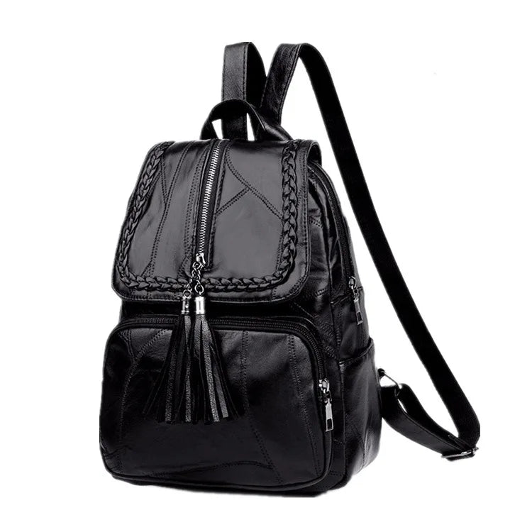 Retro Zipper Ladies Backpack PU Leather High Tassel School Bag Shoulder Bag