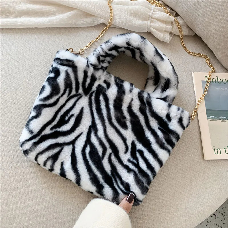 Winter Leopard Fur Handbags Women Bags Party Shoulder Bags
