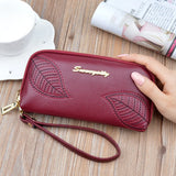 Embroidery Leaf Women's Long Zip Handbag