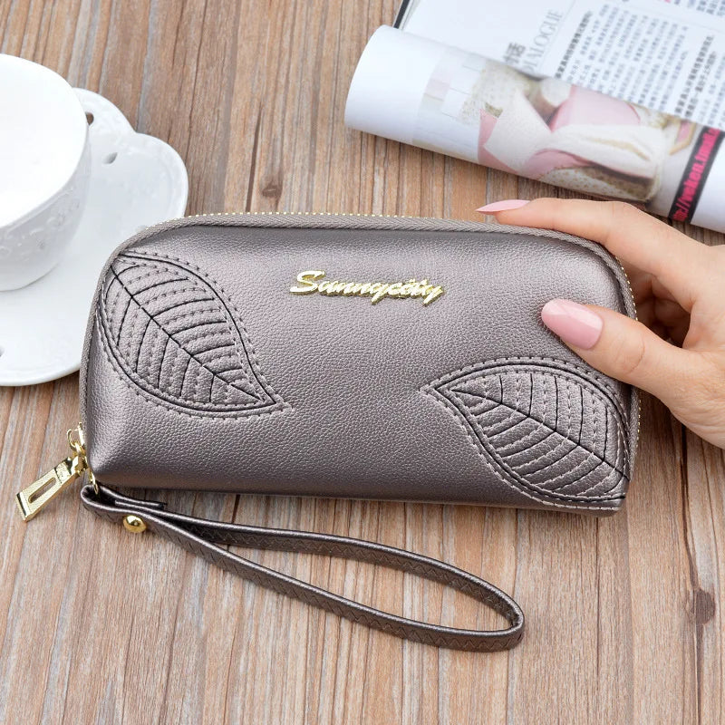 Embroidery Leaf Women's Long Zip Handbag