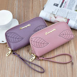 Embroidery Leaf Women's Long Zip Handbag