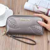 Embroidery Leaf Women's Long Zip Handbag