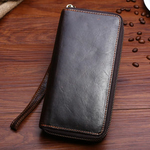 Men Wallet Retro Purse Leather Double Zipper Business Clutch Bag