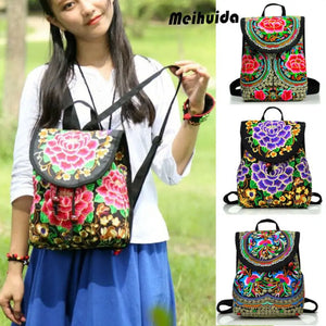 Chinese Style Peony Flower Embroidered Canvas Travel Backpack