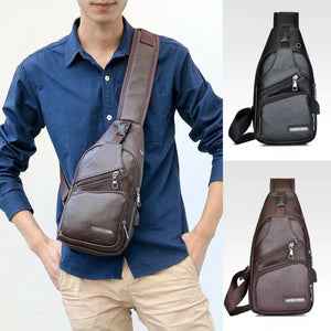 Men's PU Shoulder Bag Sling Chest Pack USB Charging Sports Crossbody Waist Packs