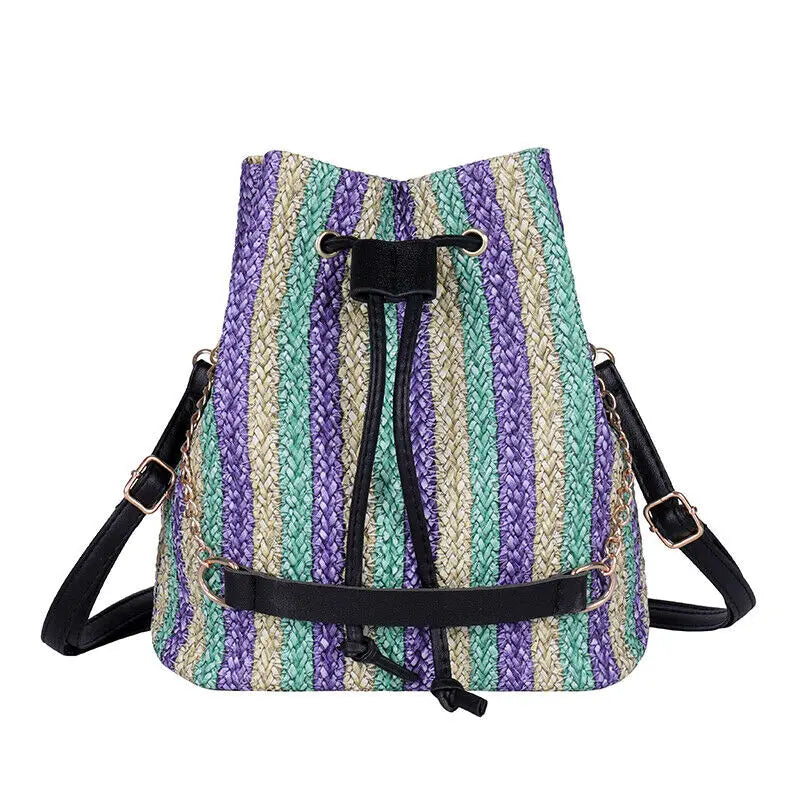 Novelty Straw Bag Woven Backpacks Panelled Striped Vintage Knitted Bag Rucksacks