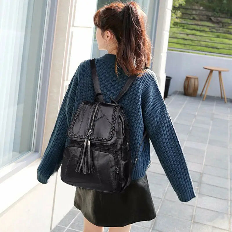 Women Faux Leather Tassle Backpacks Rucksack Shoulder Bag