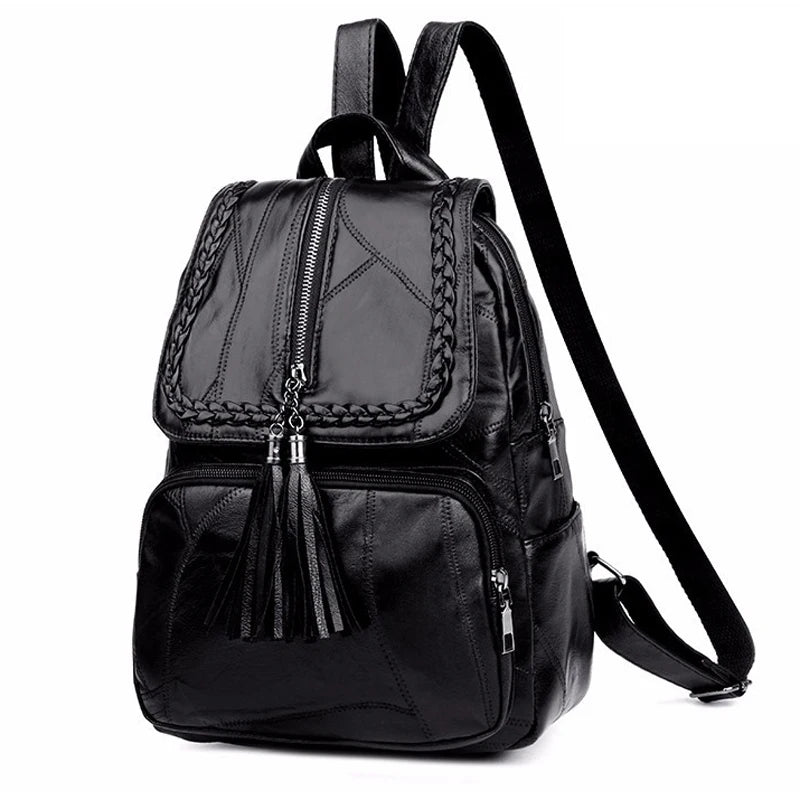 Women Lady Soft Leather Tassel Backpack School Bag