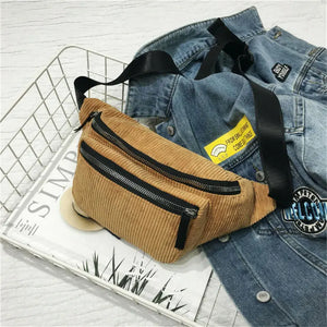 Solid Women Corduroy Waist Fanny Packs Belt Bag Travel Hip Bum Bag