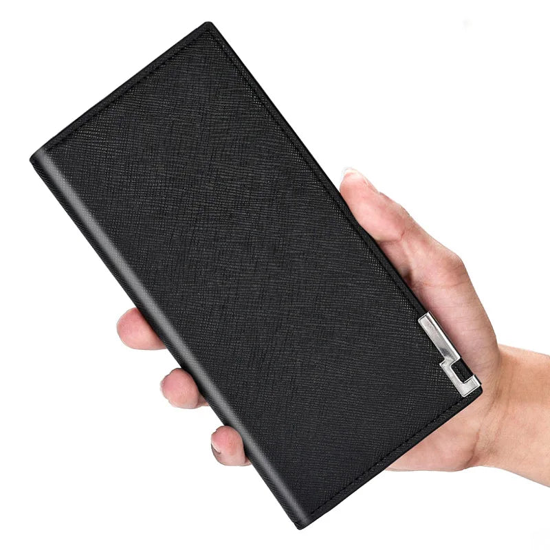 Men's Long Soft Leather Wallet Cross Pattern Ultra-Thin Wallet