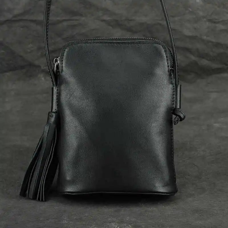 Casual Leather Shoulder Bag Cowhide Women Tassel Mini Messenger Phone Bag
