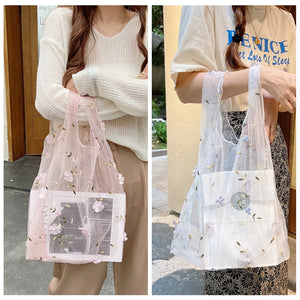 Female Flower Embroidery Hand Bag Organza Transparent Mesh Tote