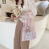 Female Flower Embroidery Hand Bag Organza Transparent Mesh Tote