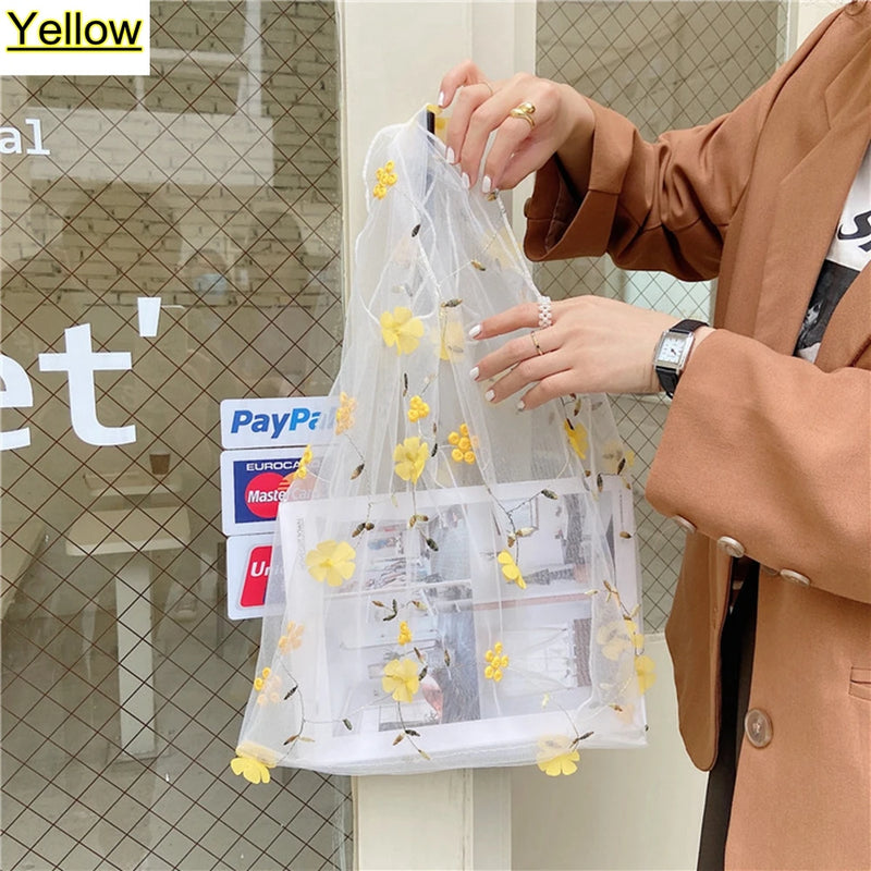 Female Flower Embroidery Hand Bag Organza Transparent Mesh Tote