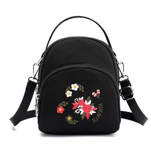 Floral Embroidery Backpack Small Nylon Handbag for Girls Women