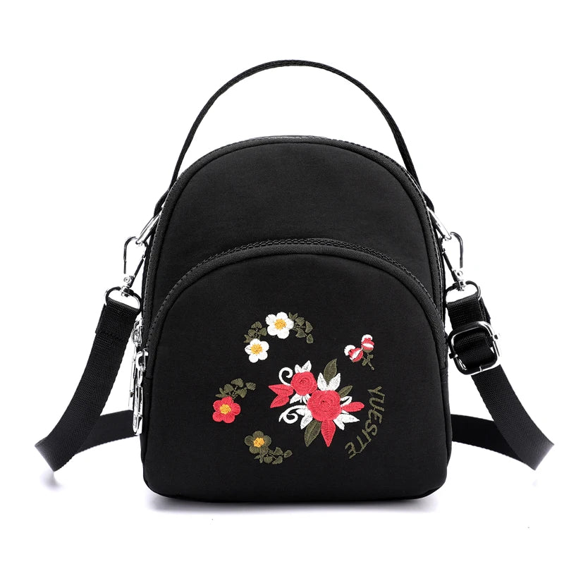 Floral Embroidery Backpack Small Nylon Handbag for Girls Women